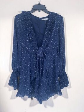 Ruffled Navy Polka Dot V-Neck Blouse